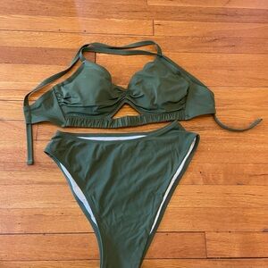 Shade and Shore Olive High Waist Green Bikini Set, 36DD Top and Large Bottoms.